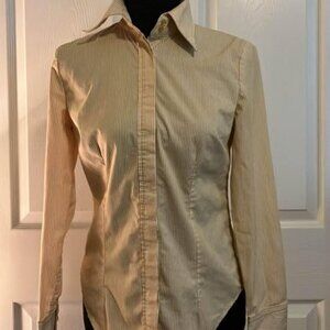 New York And Company Ladies Stretch Long Sleeve Sky Orange Stripe Dress Shirt S